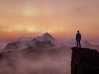 Adventure Man on top of Rocky Mountain Landscape. Adventure Man on top of Rocky Mountain Landscape. Nature Background. Cloudy Sky at Twilight with stars and northern lights. 3d Rendering. 3D Illustration